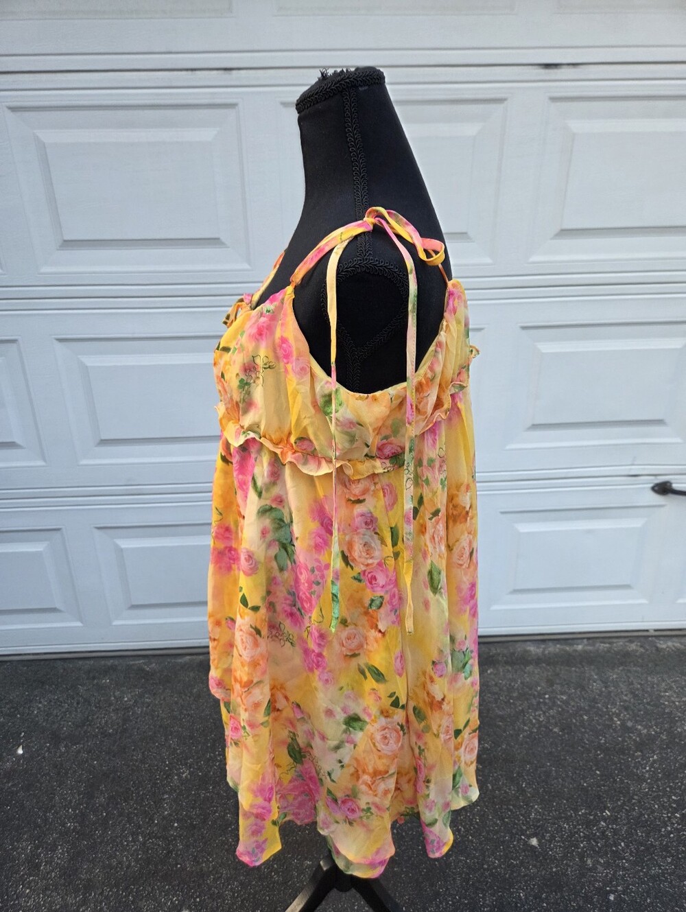 Boutique Yellow Floral Chiffon Mini Dress Tie Strap Ruffle Layered Size L - Picture 3 of 11